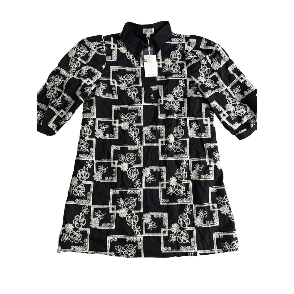 Lovelo Black White Embroidered Floral Mini Dress MD50831 Size L NWT